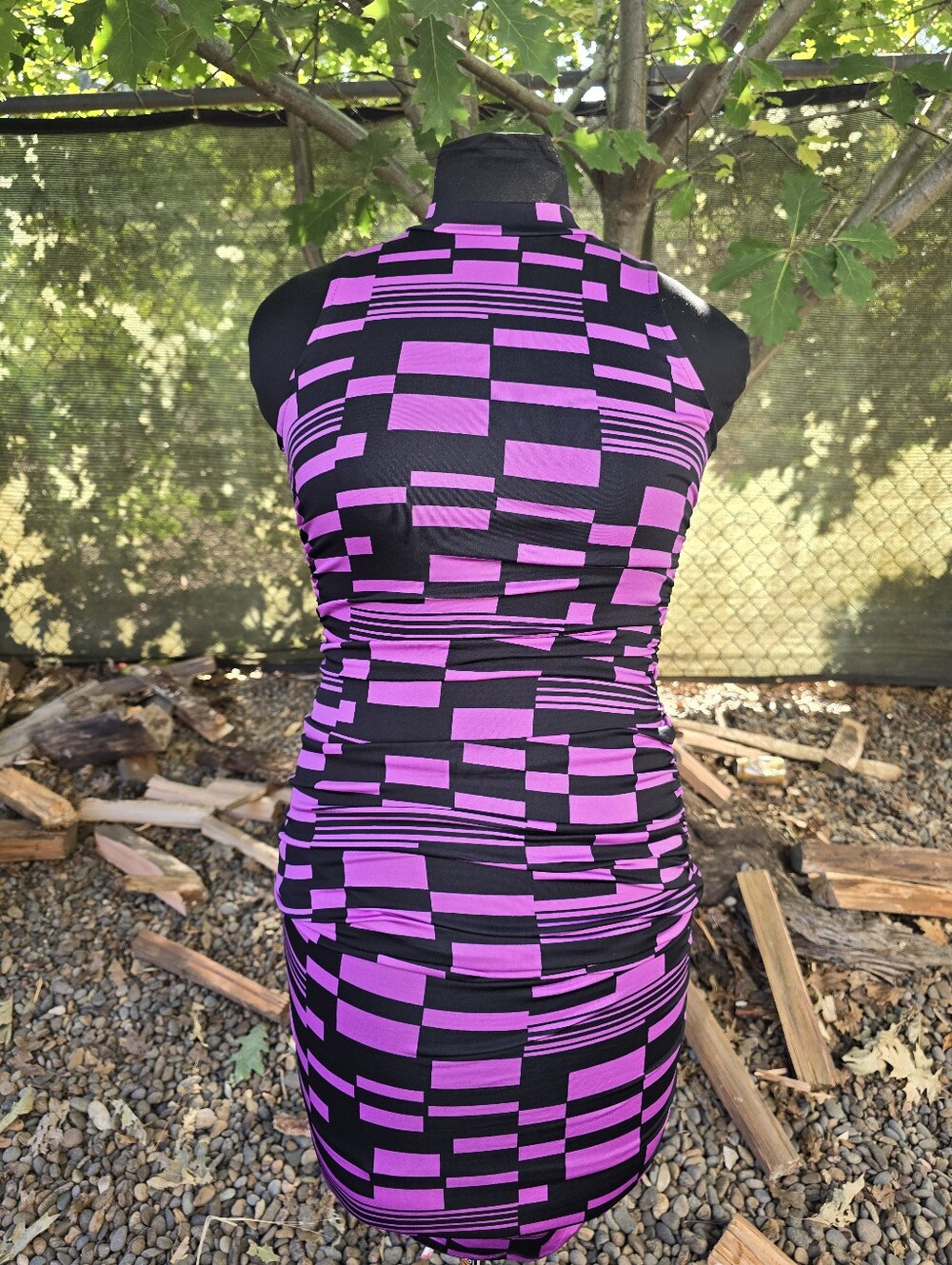 Y2K Bold Purple Black Geometric Bodycon Midi Dress Indie Sleaze Retro Futurism